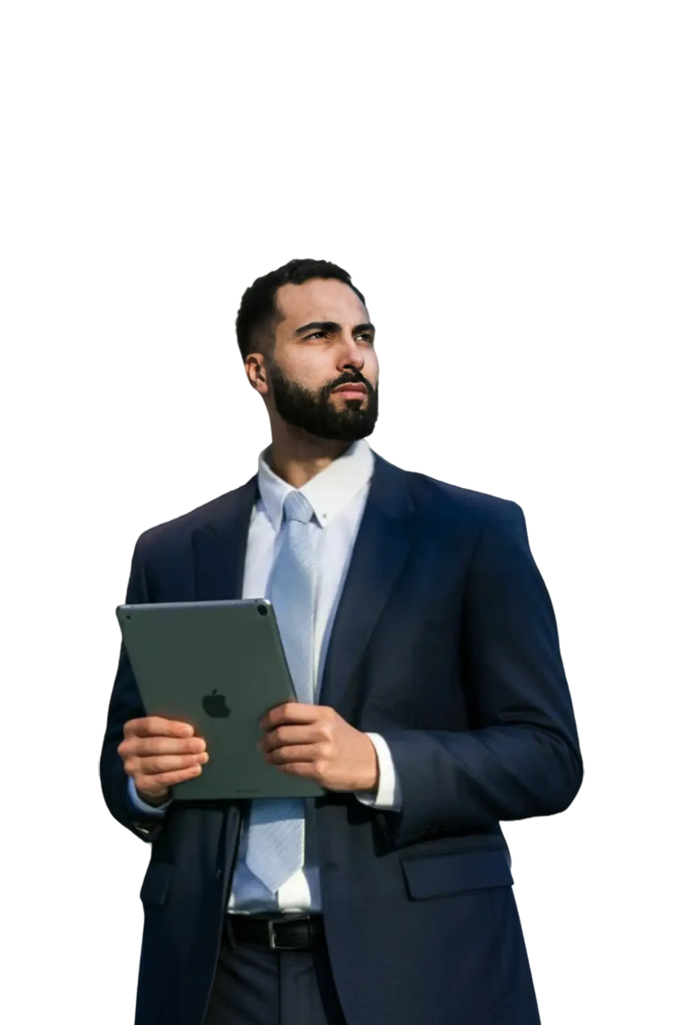Man in suit holding tablet